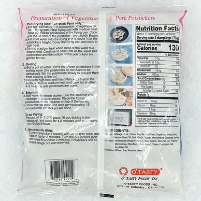 Back packaging of O'Tasty Potsticker Vegetable & Pork, displaying cooking instructions, nutritional information, and ingredients list
