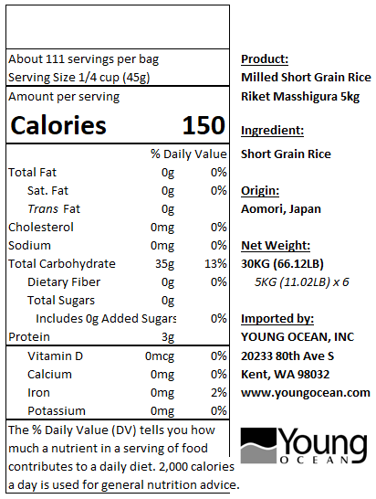 Nutritional facts label for Riket Premium Massigura Rice, detailing serving size, calories, and other nutritional information