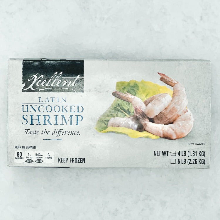 Xcellent Latin Uncooked Shrimp packaging front view, 4 lbs, keep frozen