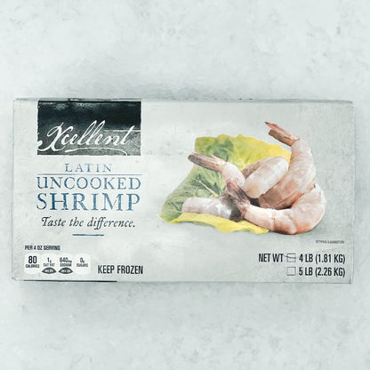 Xcellent Latin Uncooked Shrimp packaging front view, 4 lbs, keep frozen